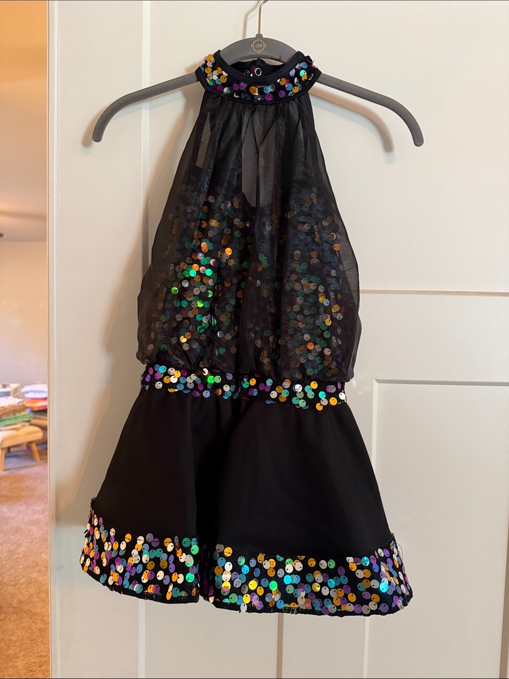 Girls Black Halter Dance Dress with Multicolor Sequins